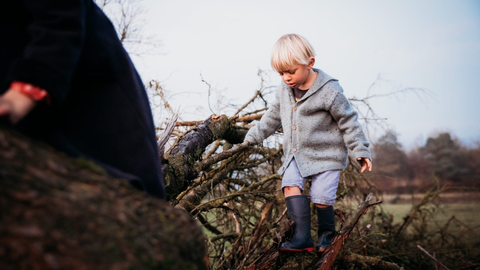 A young child in a gray coat and boots explores the outdoor expanse, navigating large fallen branches with trees and a field behind, as if on an adventure from a safari tent.