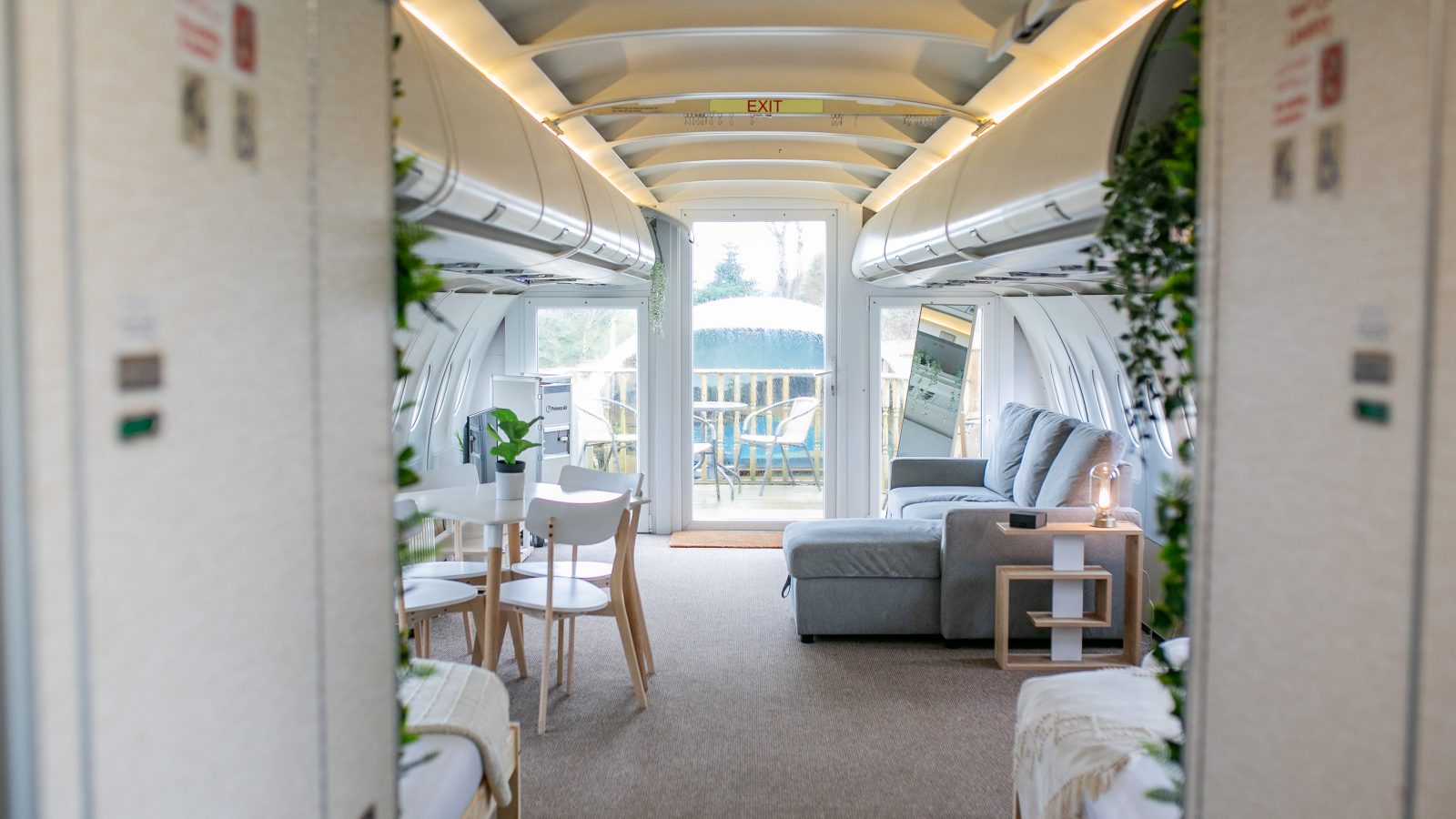 The image showcases the interior of an airplane converted into a cozy living space by Apple Camping Adventures. A gray couch and small dining table offer comfort, while large windows frame nature's beauty. The open exit door invites you to explore the greenery beyond, blending adventure with tranquility.