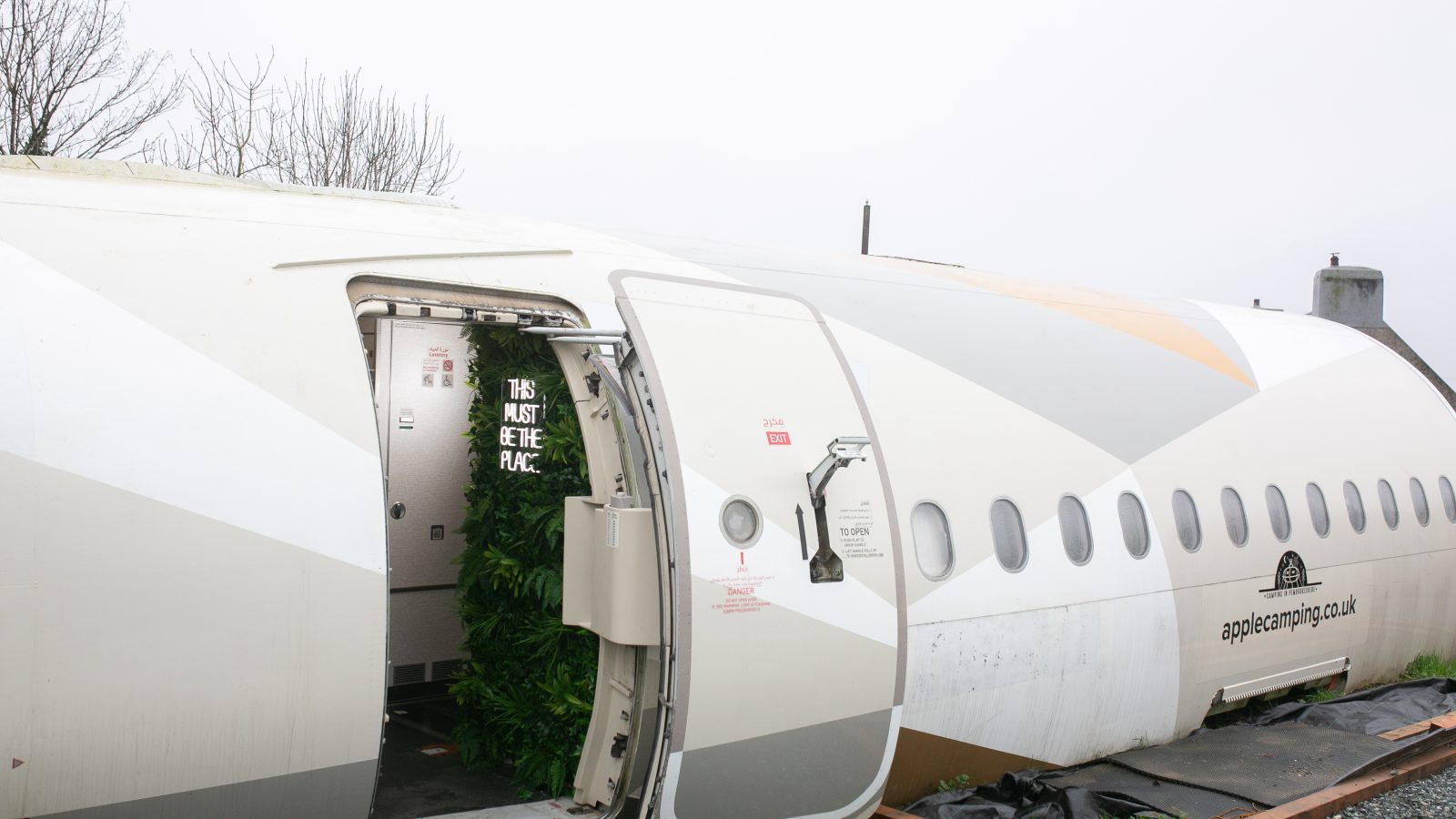 A converted airplane with an open door showing an interior decorated with lush green plants beckons visitors at Apple Camping Adventures. The door has a small sign that reads 