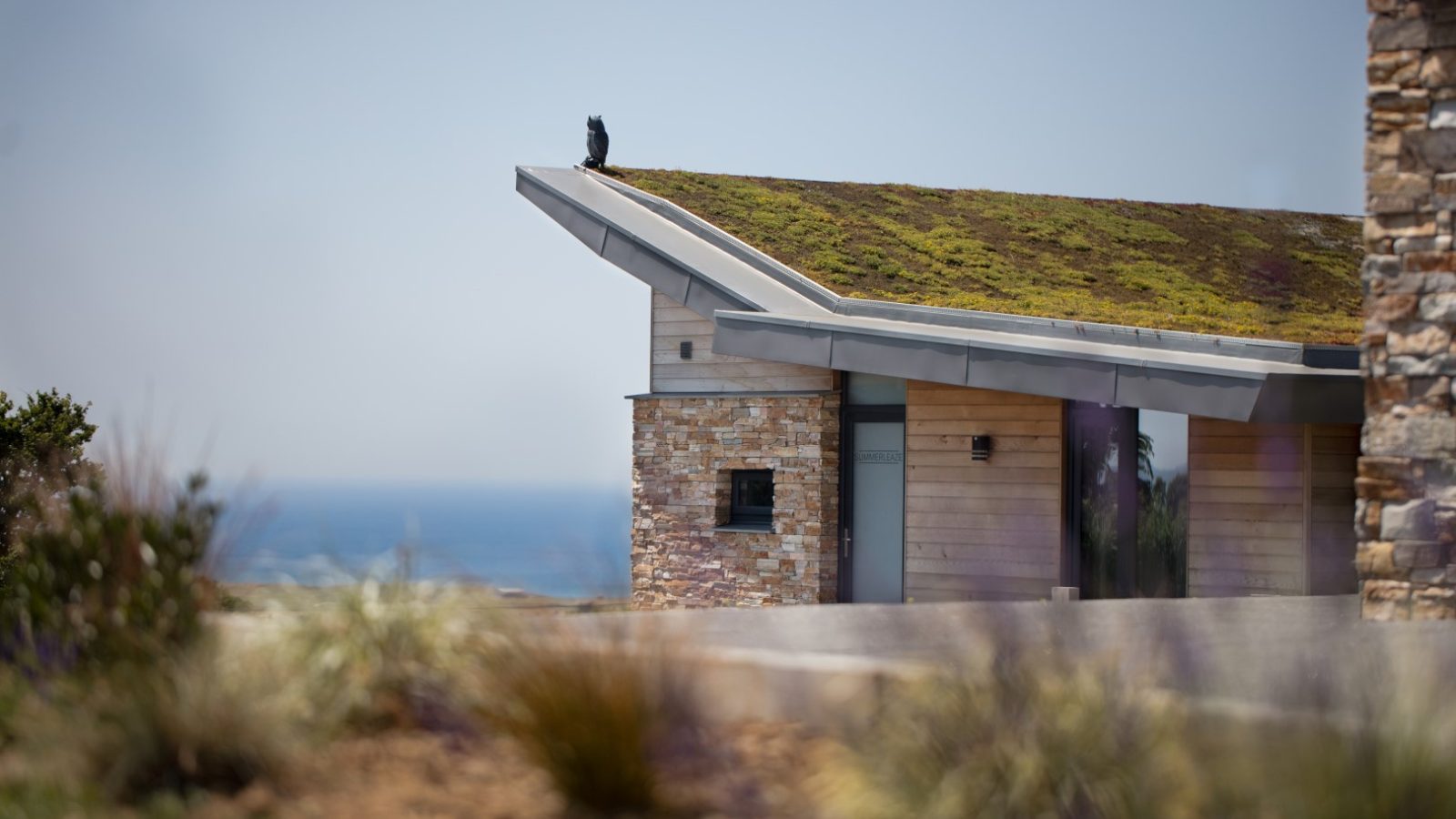 A modern house at Gwelva Hills boasts a living roof lush with greenery, combining wood and stone in its elegant design. The roof juts out adorned with a decorative figure. Blurred plants dot the foreground, while the ocean shimmers distantly—a serene lodge-like retreat.