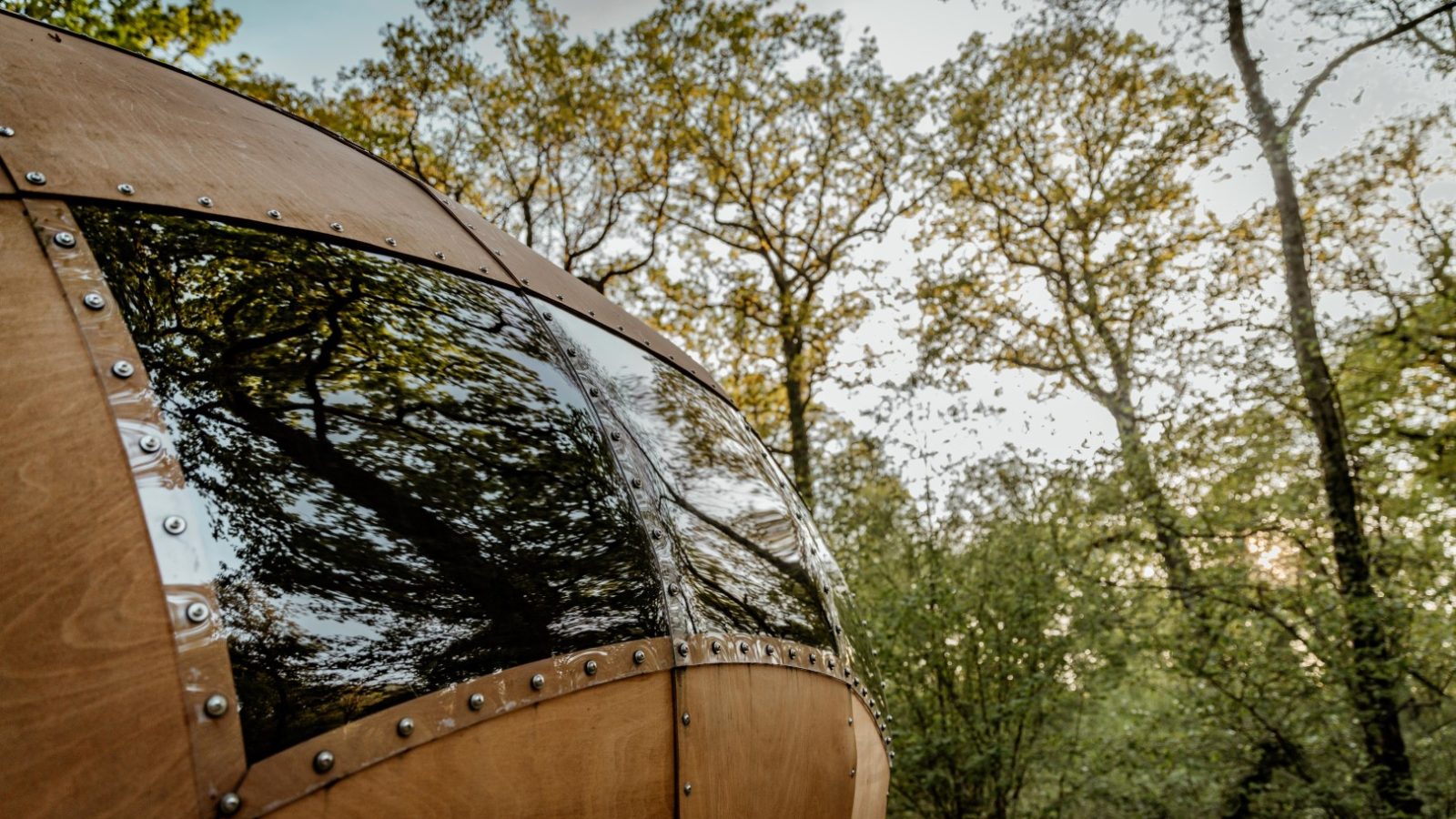 A close-up of Honeydown, a large, dome-shaped wooden structure with metallic seams and mirrored windows reflecting the surrounding foliage. The structure is situated in a dense forest with tall trees and a partly cloudy sky visible in the background.