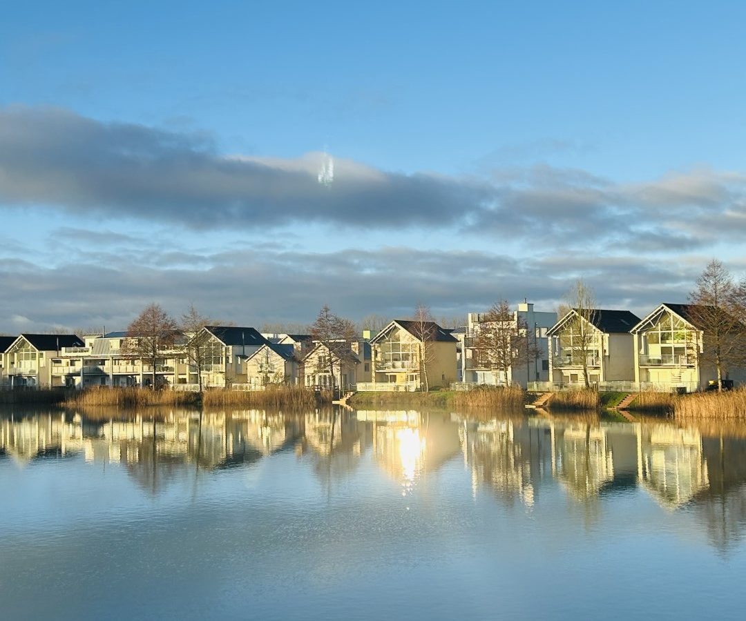 A serene lakeside view on Lamplight Island features a row of modern houses with large windows and balconies, reflecting on the calm water under a clear blue sky with some scattered clouds. Reed grass borders the lake's edge, adding to the peaceful, picturesque setting.