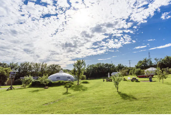 A grassy field under a partly cloudy sky with a unique, white, dome-shaped building on the left surrounded by trees. Scattered picnic tables and benches, with lush green grass and small trees, create a serene outdoor setting, perfect for an Apple Camping Adventures experience.