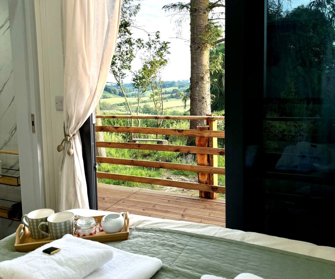 A cozy bedroom in a tiny house features a neatly made bed and folded towels on a tray. A sliding glass door reveals a scenic view of lush woods and rolling hills under a blue sky, enhancing the room's tranquil atmosphere.