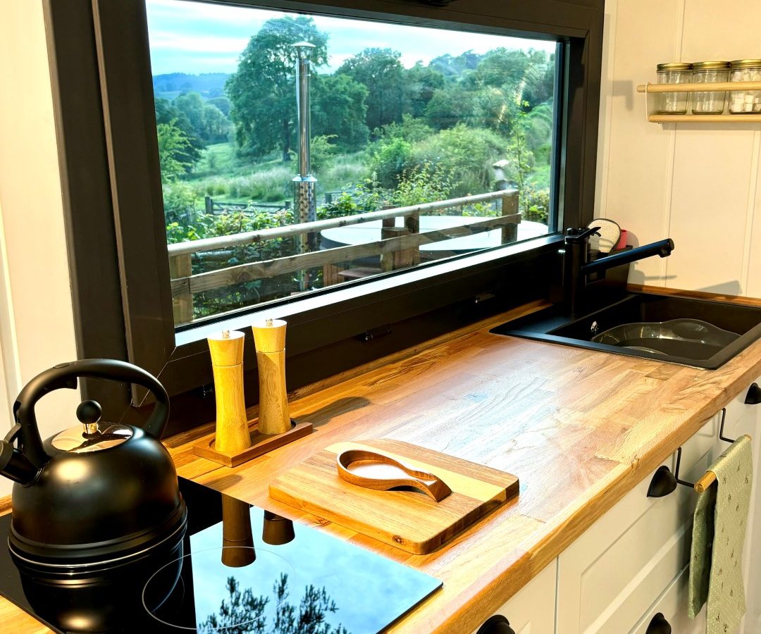 A modern kitchen in a tiny house features wooden countertops, a sleek black stovetop with a teapot, and a cozy cutting board near the sink. A large window frames lush woods and rolling hills, while wall shelves brim with jars and utensils.