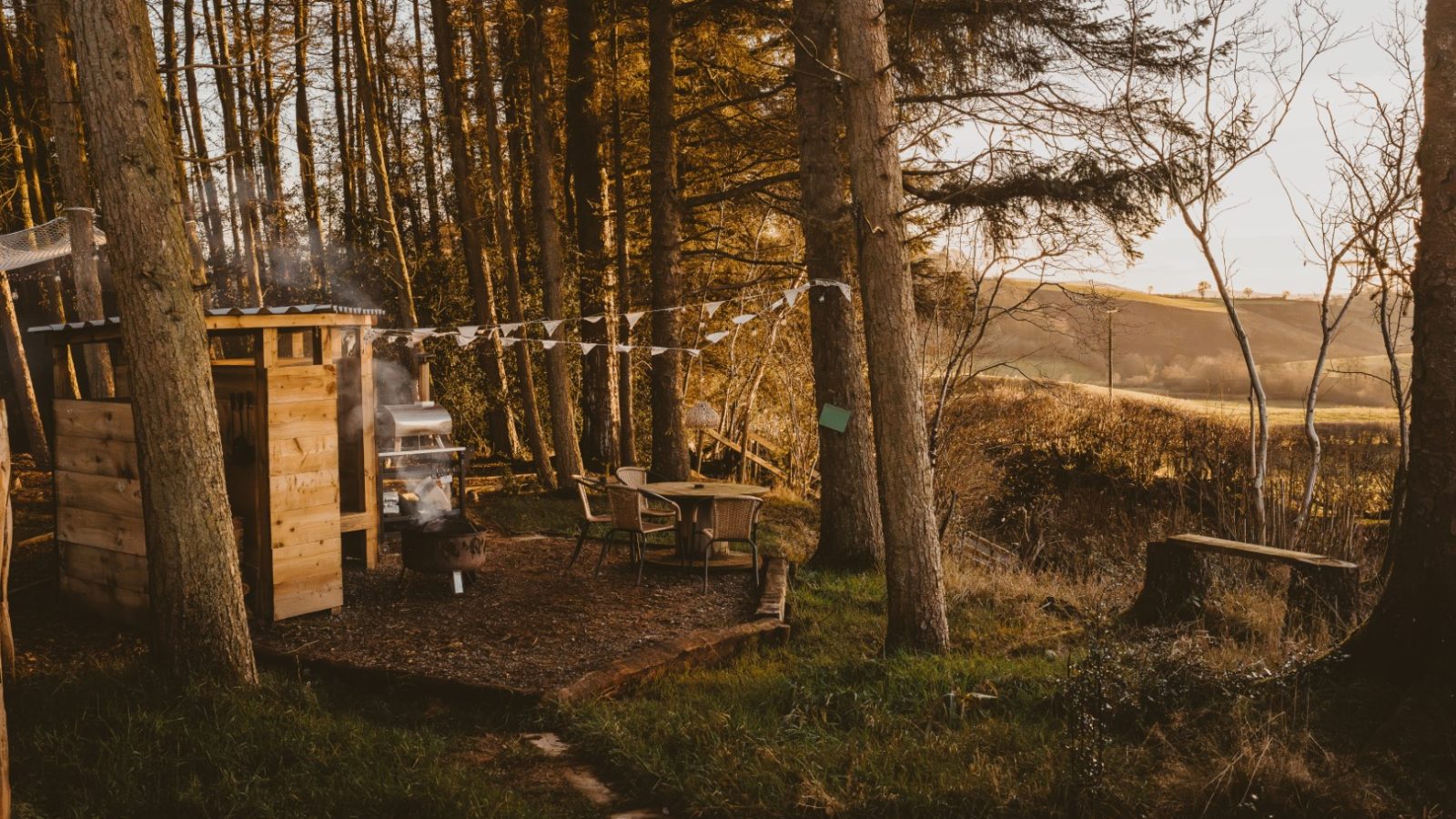 A rustic wooden cabin nestled in a forest clearing, reminiscent of a tiny house, features a picnic table and grill with flags fluttering nearby, all bathed in warm sunlight.