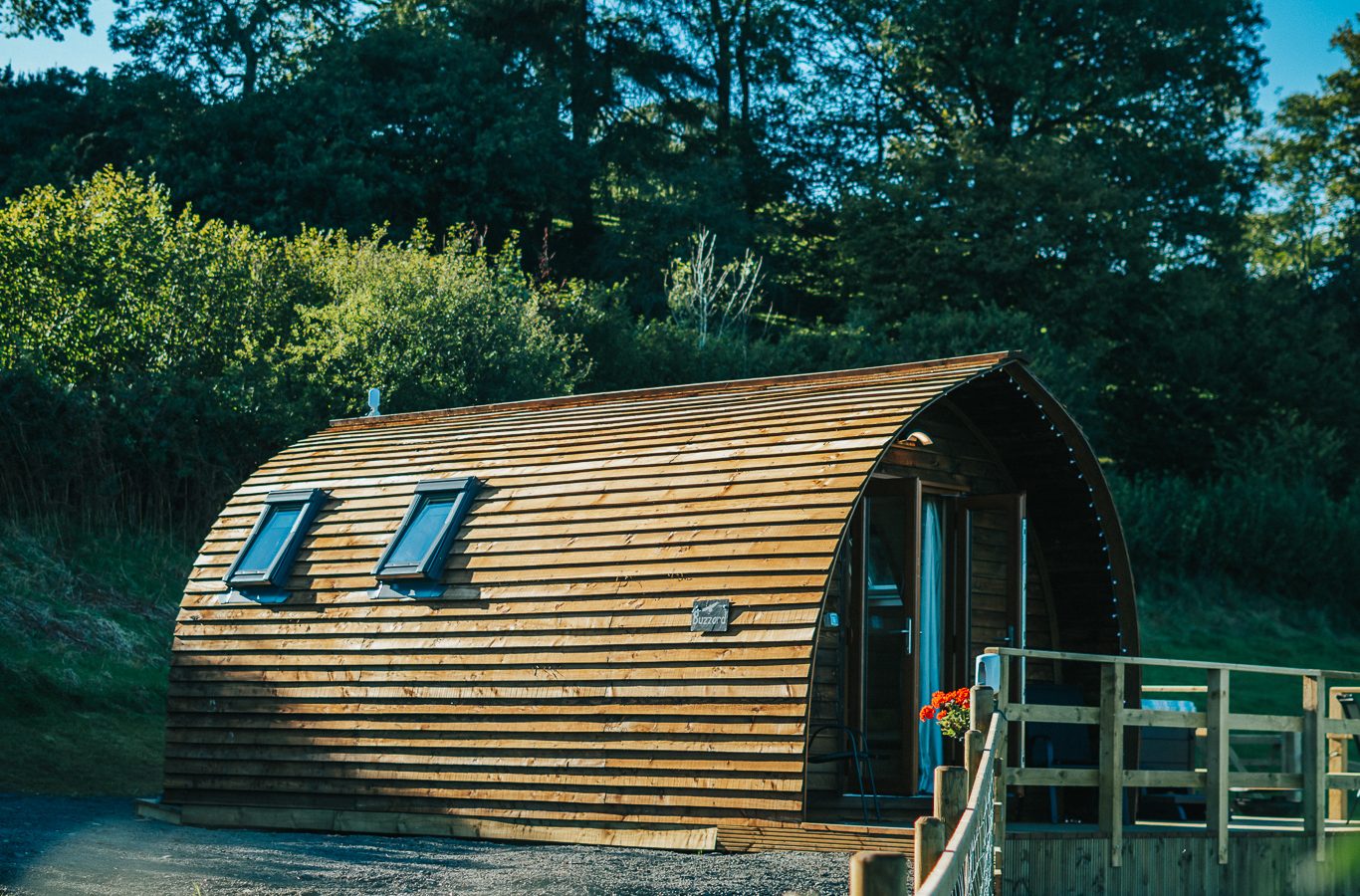 A small, arched wooden cabin with two skylights sits in a grassy area surrounded by lush trees. A wooden fence encloses part of the yard, while the vibrant blue sky and sunlight enhance the serene setting, making it an ideal spot for a Wigwam Holidays experience in Knighton.