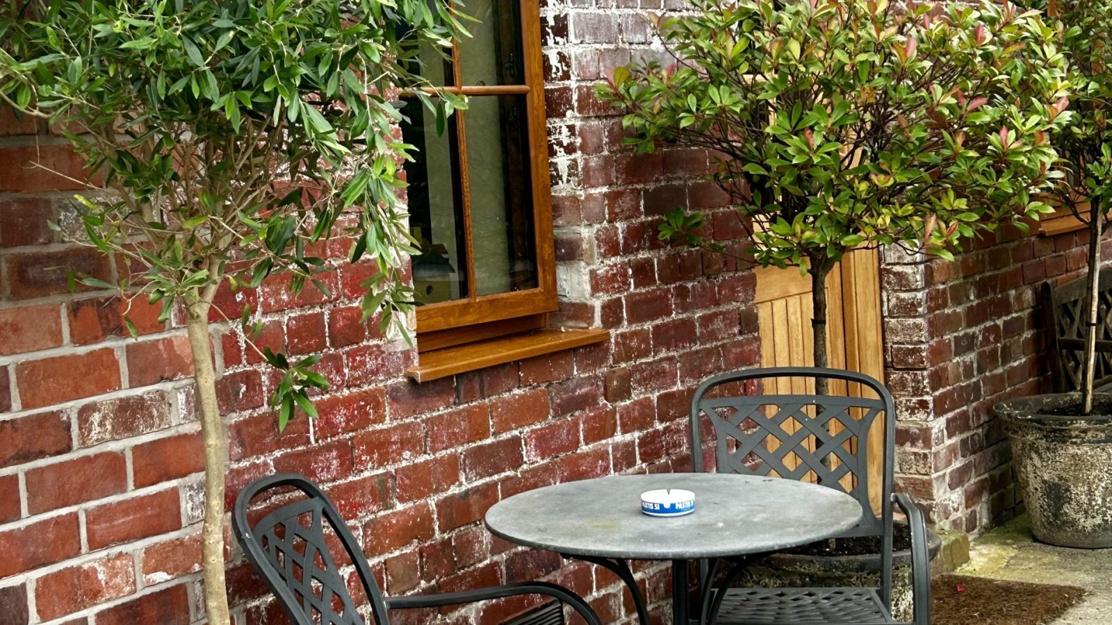 A small outdoor patio with a round metal table and two chairs sits against a red brick wall, offering the perfect escape. Two potted trees flank the furniture, while in the background, a door with a small window evokes the charm of Black Mountain serenity.