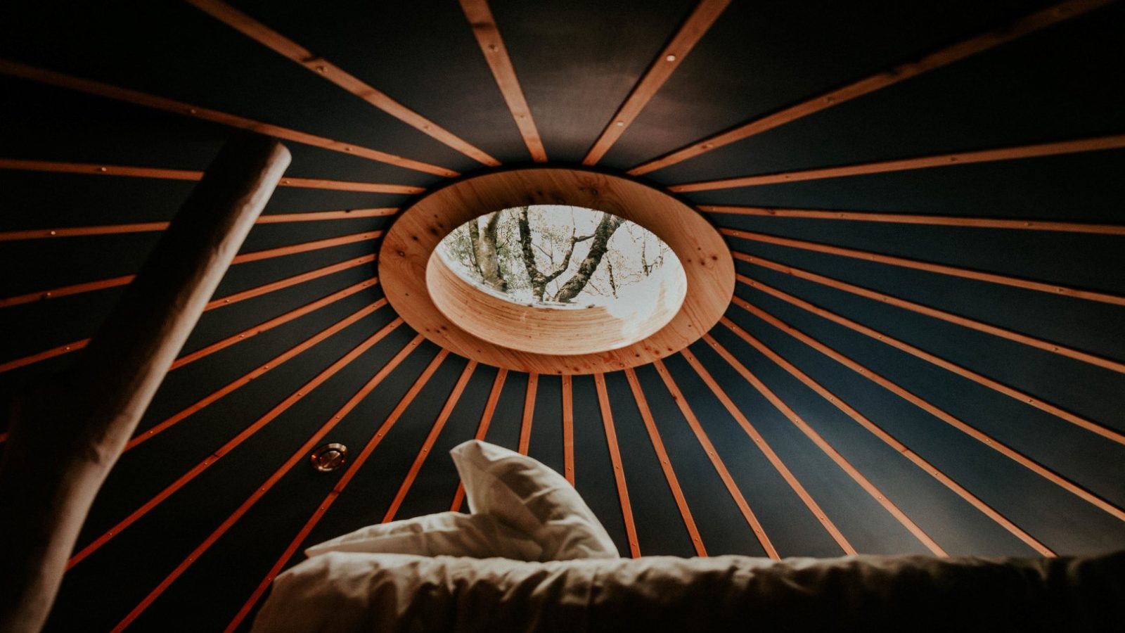 Interior view of a Little Menherion yurt ceiling with wooden beams radiating from a circular skylight that reveals tree branches outside. The corner of a bed with pillows is visible in the foreground, as soft, natural lighting fills the tranquil space.