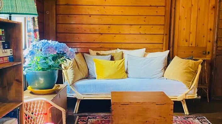 A cozy living room with a mission-style wooden wall, a sofa adorned with various colored cushions, a wooden coffee table, and a large potted blue hydrangea on the side. A bookshelf is partially visible on the left.