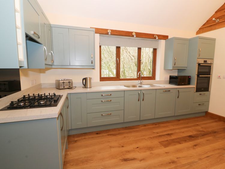 The modern kitchen, perfect for Ploony Holidays in Wales, features light blue cabinets, a stove, oven, toaster, microwave, and a window with a tranquil view of trees.