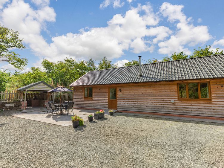 Nestled in the serene woods of Wales, this single-story wooden house offers a peaceful retreat. With a tiled roof, it’s surrounded by trees and features a charming patio with a table and chairs on a gravel surface—perfect for enjoying your Ploony Holidays getaway.