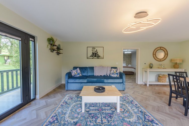 A living room featuring a blue sofa, a patterned rug, and a coffee table sits in harmony with the large sliding glass doors that open to the serene beauty of Rowley Meadow.