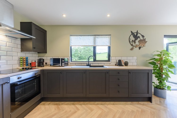 Modern kitchen in Rowley Meadow with dark cabinets, a central sink, stainless steel appliances, and a potted plant by a wall adorned with decorative art.