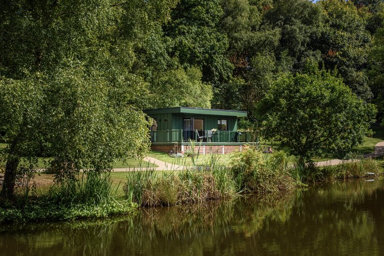 Nestled by Rowley Meadow, a small green cabin surrounded by trees sits beside a calm lake, with a grass path leading to its entrance.