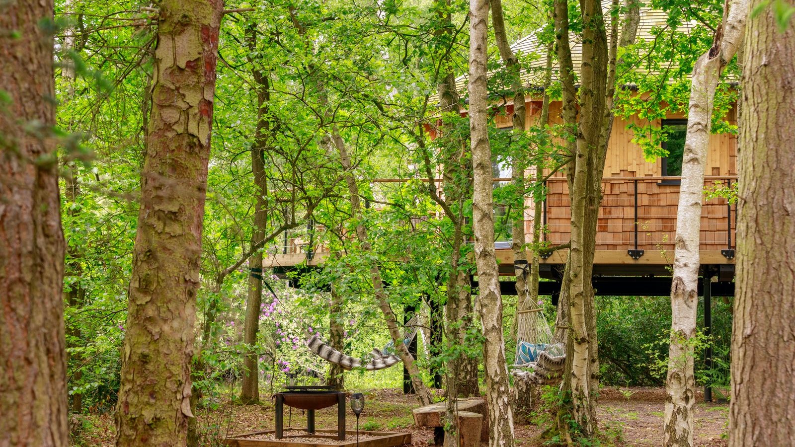 A treetop hideaway with a wooden deck is nestled among trees. A hammock sways near a fire pit in the forest setting.