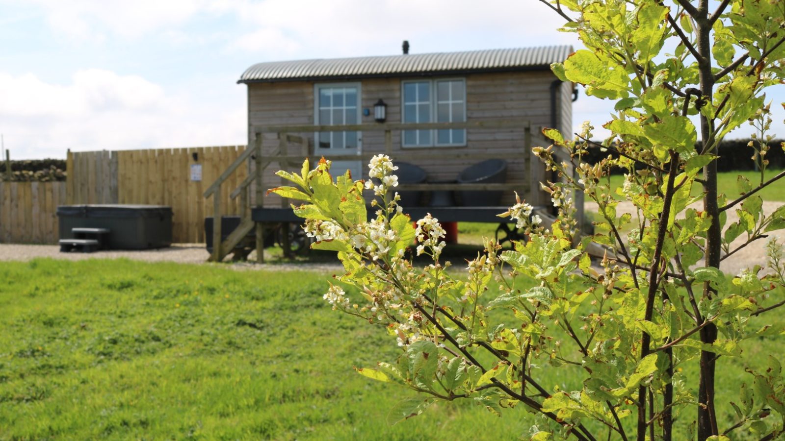 A small wooden cabin at Fold Farm, with a deck in a grassy area and a flowering bush under a partly cloudy sky.