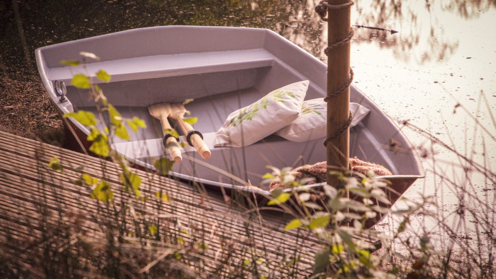 A small rowboat with wooden oars and a pillow is moored near the lake, below the serene Treetop Hideaway.