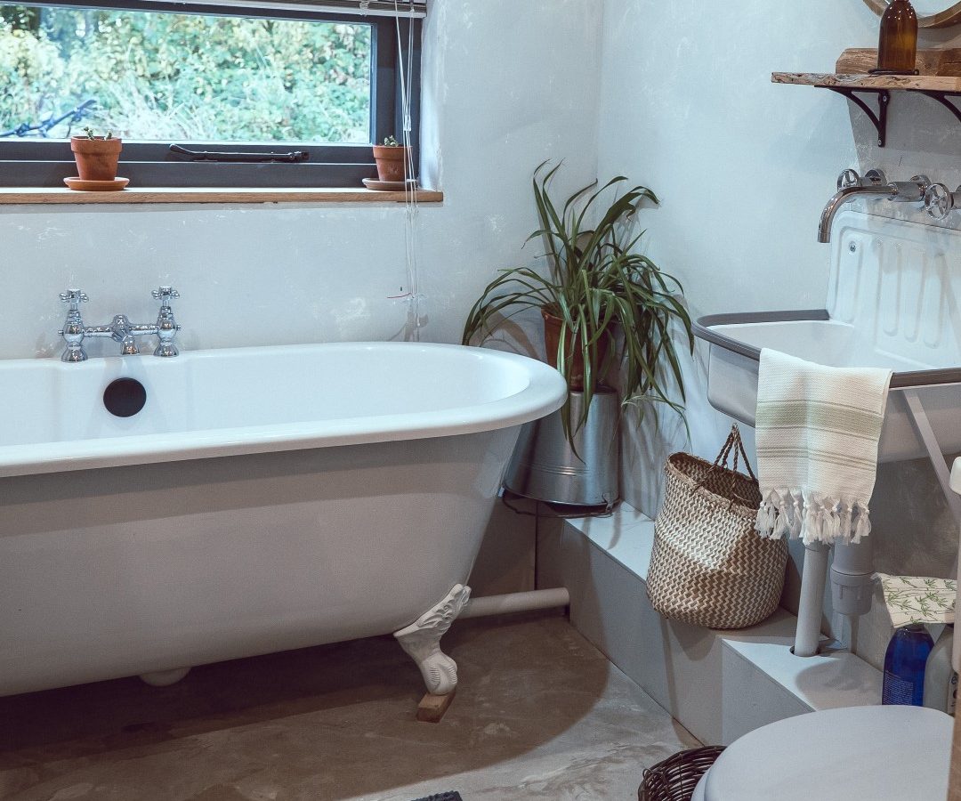 Bathroom with clawfoot tub, round mirror, and potted plants. Frith Meadow light filters through a window, illuminating the space.