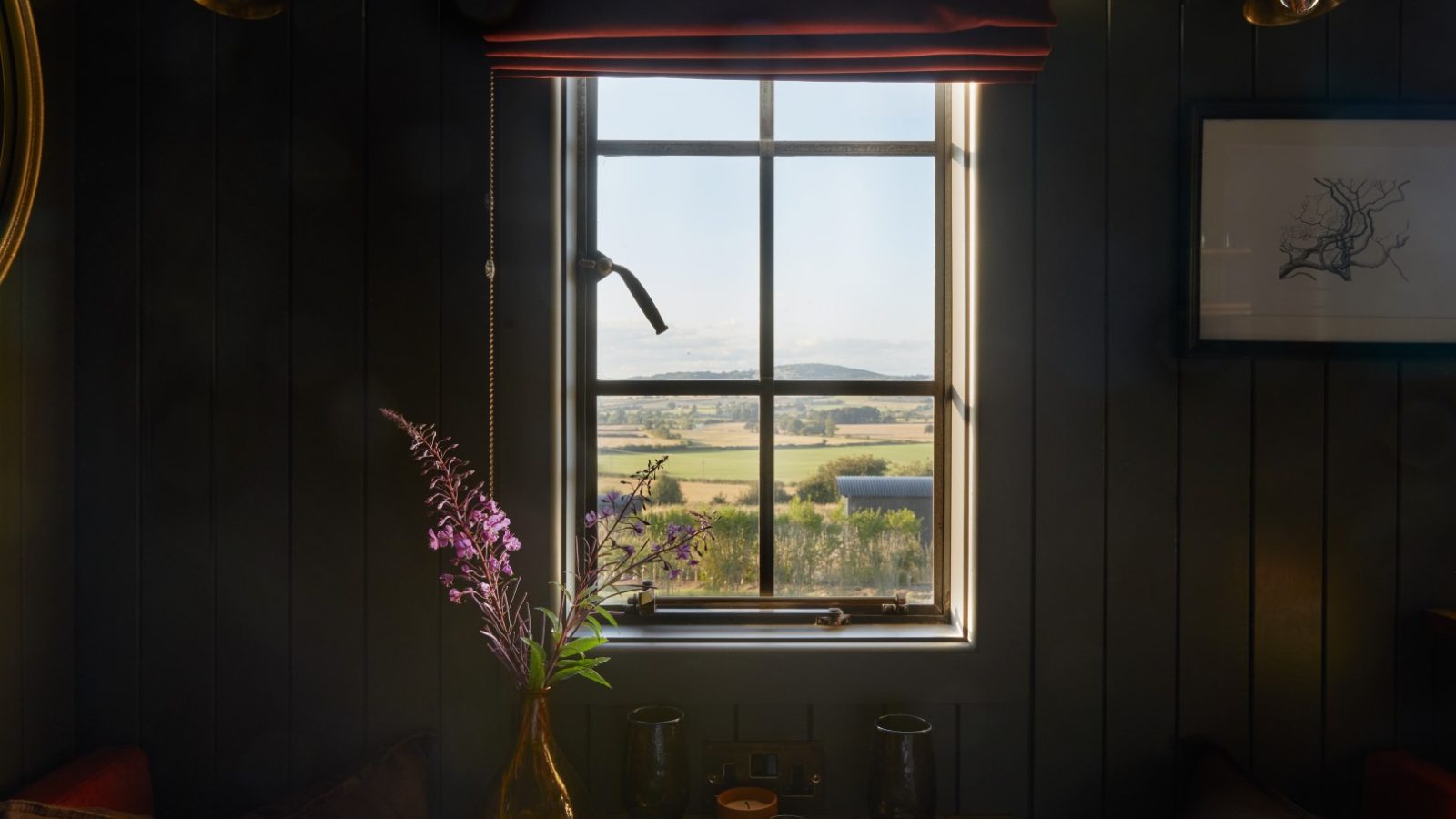 View of a scenic countryside through a window with a vase of flowers on the sill, dimly lit room, and closed window blinds.